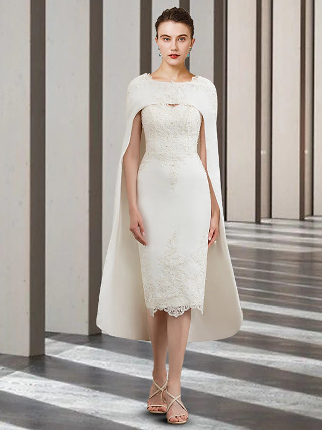 Luolandi Two Piece Sheath / Column Mother of the Bride Dress Church Elegant Jewel Neck Knee Length Sleeveless with Appliques