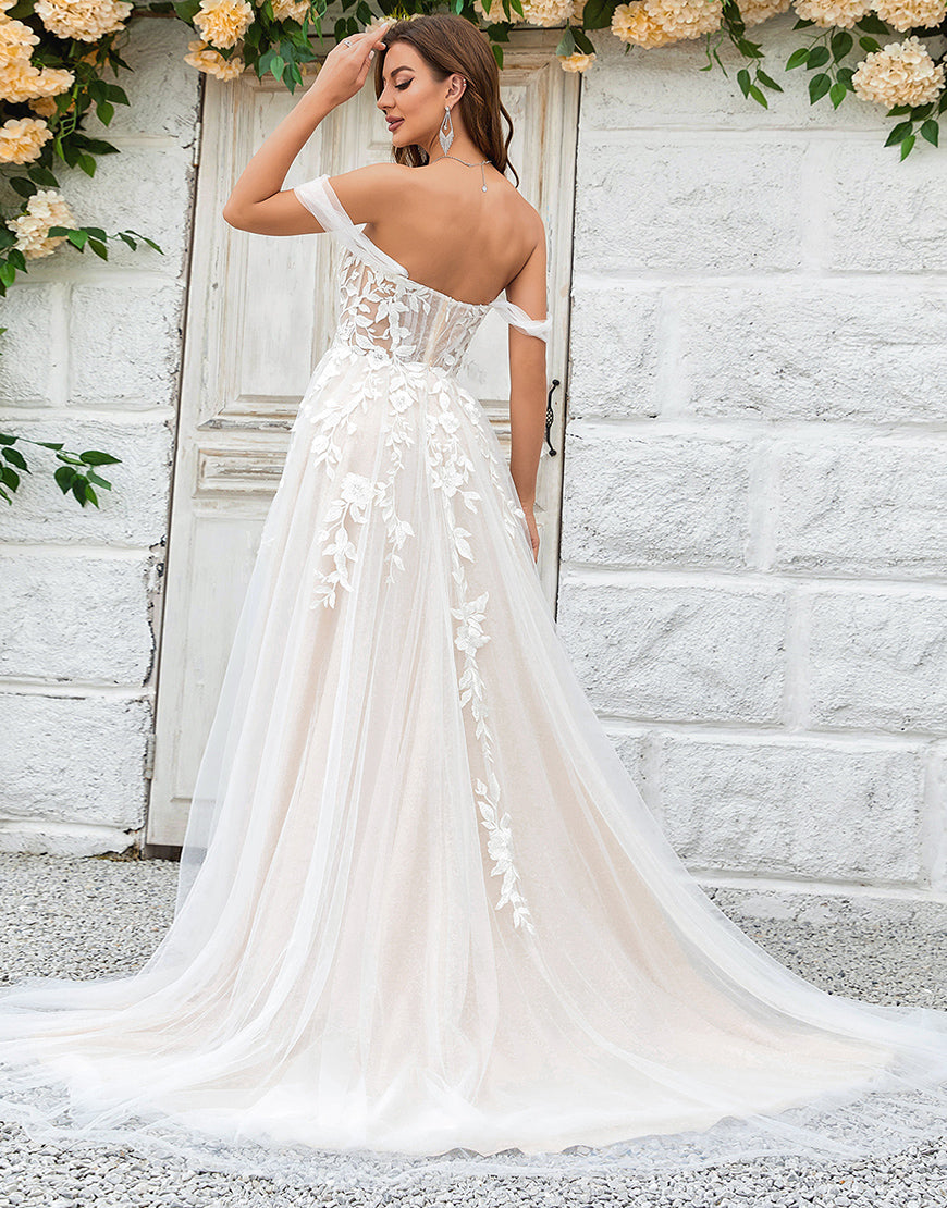 Luolandi Beauty A Line Off the Shoulder Champagne Tulle Detachable Wedding Dress with Lace With Slit