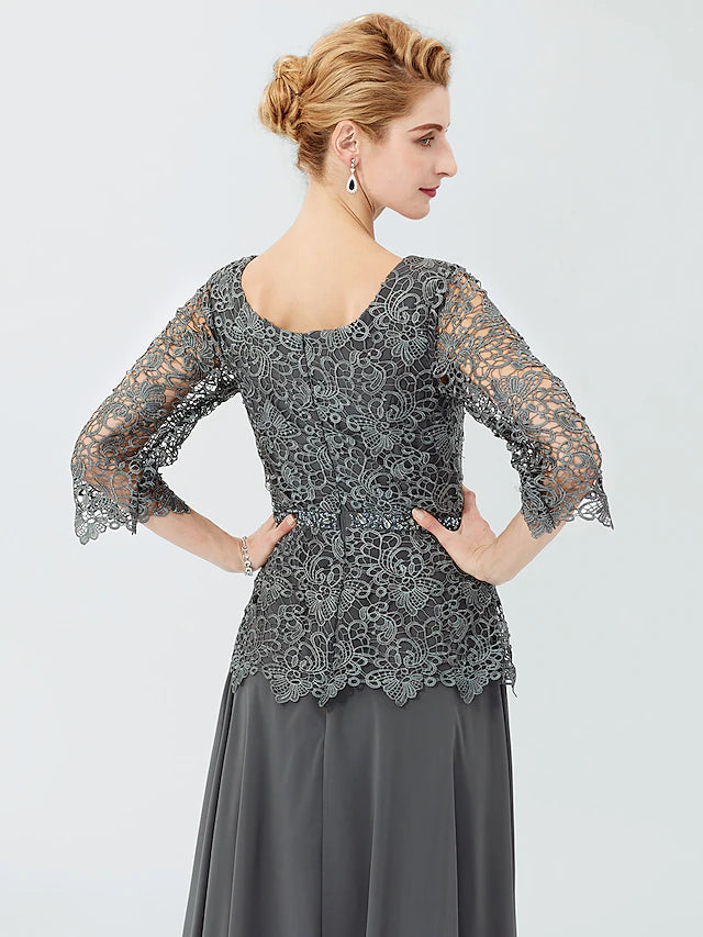Luolandi Ball Gown A-Line Mother of the Bride Dress Formal Classic & Timeless Elegant & Luxurious Elegant Scoop Neck Floor Length Chiffon Corded Lace 3/4 Length Sleeve with Beading