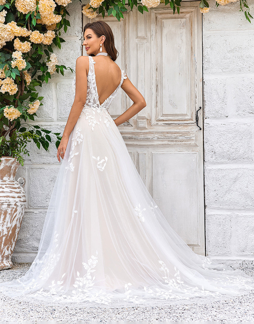 Luolandi Gorgeous A Line Deep V Neck Champagne Tulle Wedding Dress with Lace Open Back