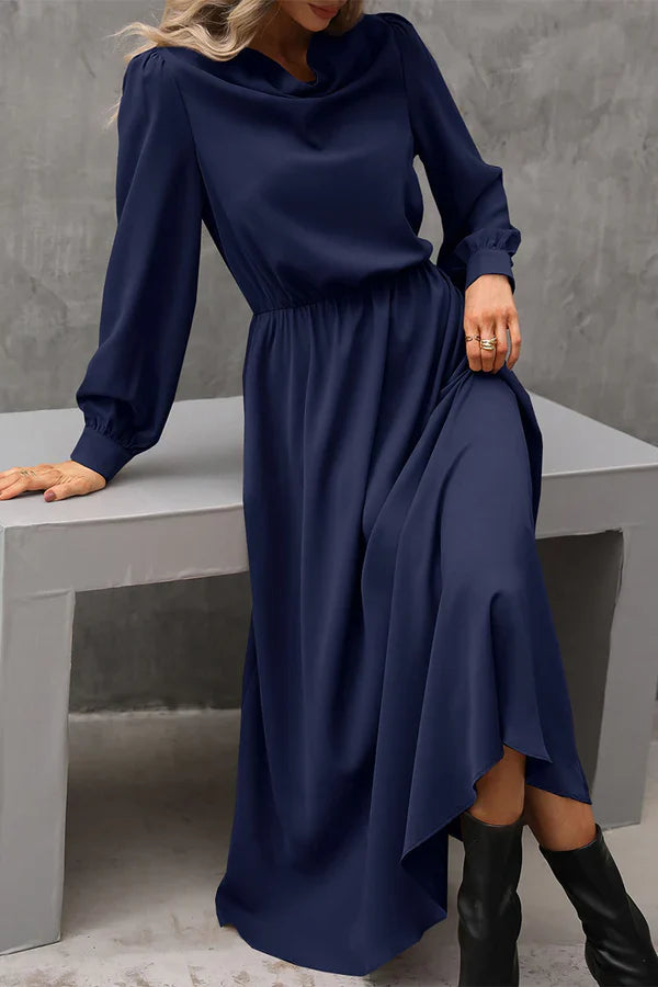 Luolandi Elegant solid color asymmetrical scarf collar A-line evening dress Dark Blue