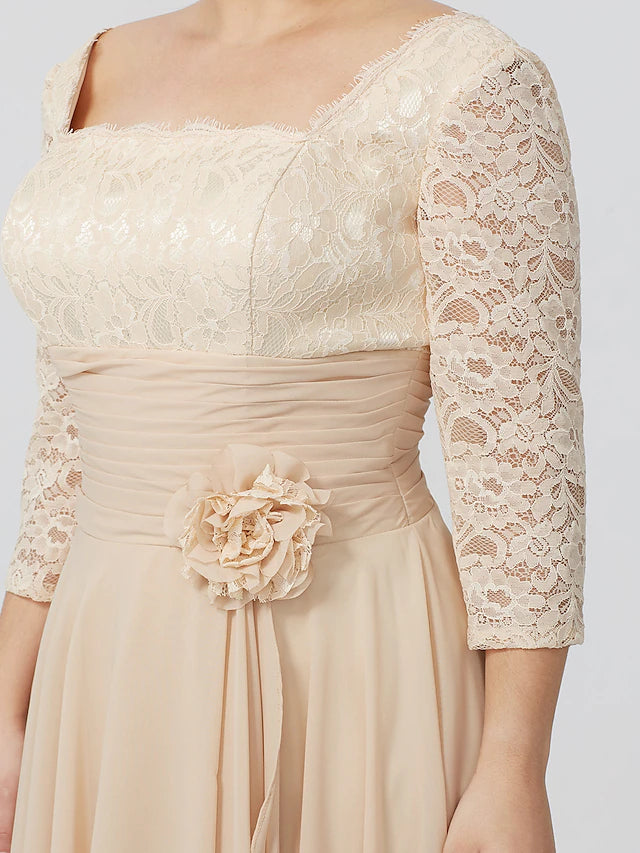 Luolandi Ball Gown A-Line Mother of the Bride Dress Formal Plus Size Elegant V Neck Floor Length Chiffon Sheer Lace 3/4 Length Sleeve with Appliques