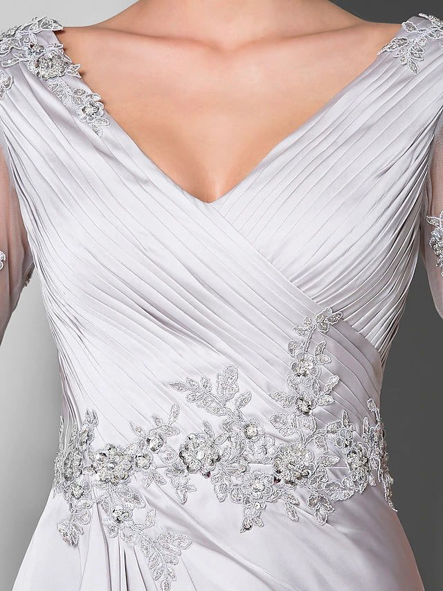 Luolandi A-Line Mother of the Bride Dress V Neck Sweep / Brush Train Satin Chiffon 3/4 Length Sleeve with Criss Cross Beading
