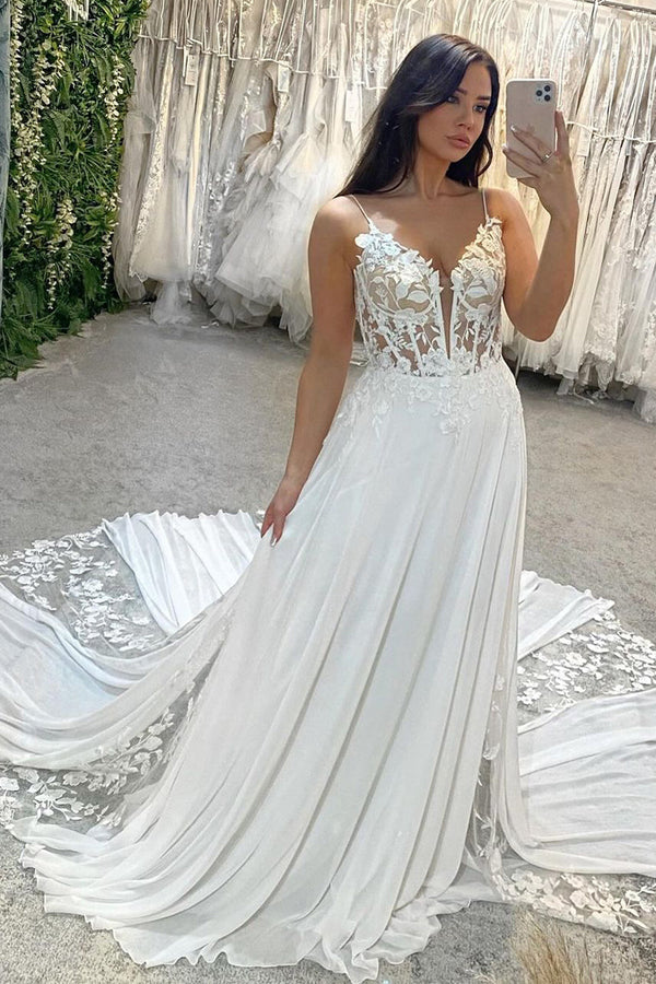 Luolandi A-Line V Neck Chiffon Boho Appliques Wedding Dresses Sexy