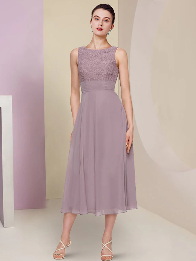 Luolandi Two Piece Mother of the Bride Dress Wedding Guest Church Elegant Jewel Neck Tea Length Chiffon Lace Half Sleeve