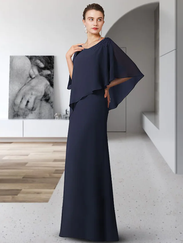 Luolandi Mother of the Bride Dress Elegant V Neck Floor Length Chiffon Half Sleeve with Ruffles Dark Navy