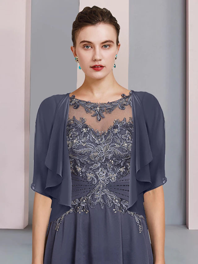 Luolandi Two Piece A-Line Mother of the Bride Dress Formal Wedding Guest Elegant Scoop Neck Asymmetrical Tea Length Chiffon Lace Short Sleeve Wrap Included with Beading