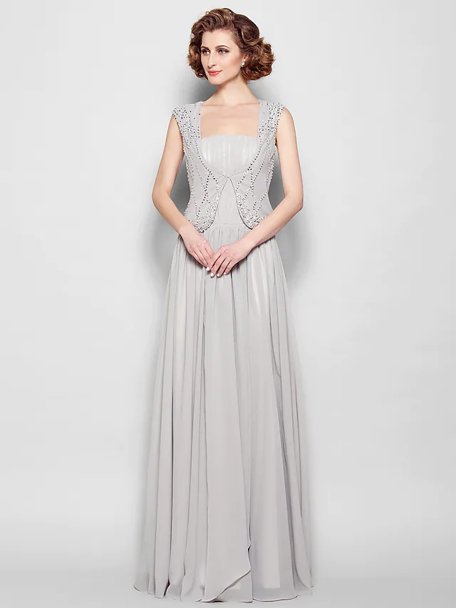 Luolandi A-Line Mother of the Bride Dress Vintage Inspired Square Neck Floor Length Chiffon Sleeveless with Beading