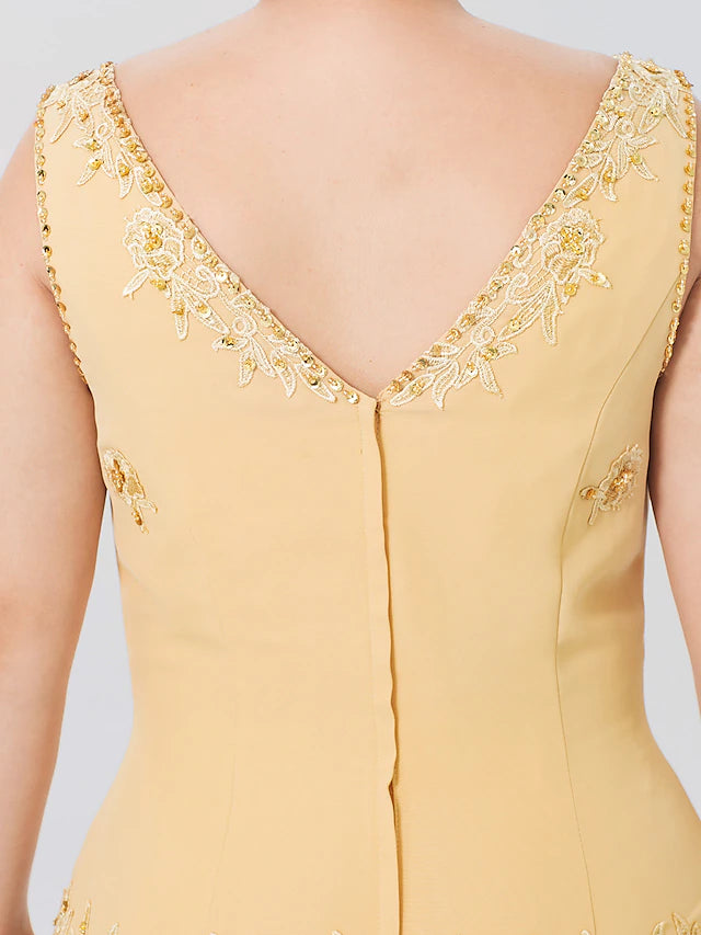 Luolandi A-Line Mother of the Bride Dress Formal Plus Size Elegant High Low V Neck Asymmetrical Chiffon Beaded Lace Long Sleeve Wrap Included with Beading