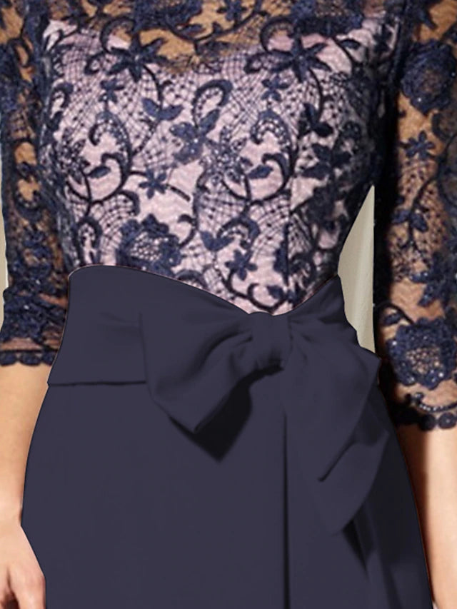 Luolandi Sheath / Column Mother of the Bride Dress Elegant Jewel Neck Floor Length Chiffon Lace 3/4 Length Sleeve with Bow(s)