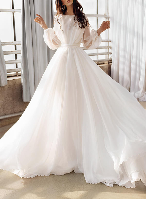 Luolandi A-Line Illusion Neck Long Sleeves Sweep Train Chiffon Wedding Dresses