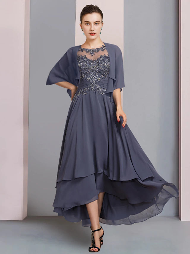 Luolandi Two Piece A-Line Mother of the Bride Dress Formal Wedding Guest Elegant Scoop Neck Asymmetrical Tea Length Chiffon Lace Short Sleeve Wrap Included with Beading