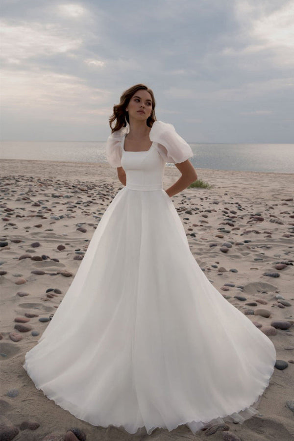 Luolandi Charming A-Line Square Neck Short Sleeves Wedding Dresses with Train