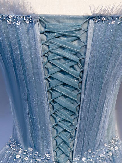 Luolandi Sweetheart-Neck Tulle Flare Sleeves Beaded Sequin Prom Dresses Formal Evening Dresses Beautiful