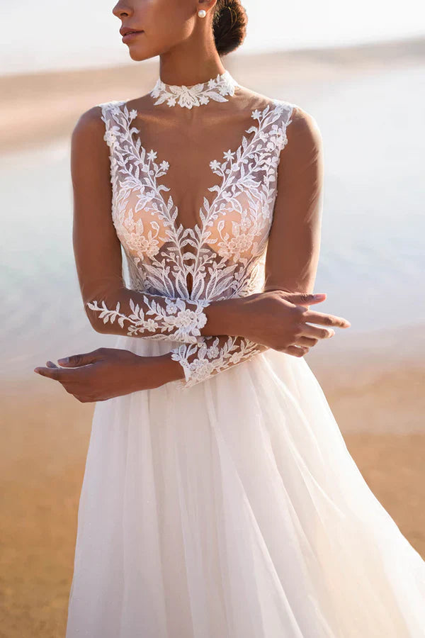 Luolandi A-line illusion collar lace decal long sleeved Bohemian wedding dress Beautiful