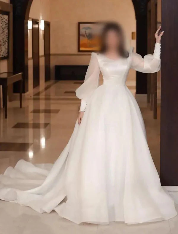 Luolandi Hall Formal Wedding Dresses A-Line V Neck Long Sleeve Chapel Train Satin Bridal Gowns