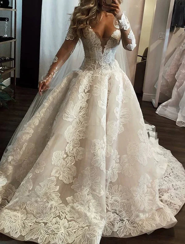 Luolandi Royal Style Formal Wedding Dresses Ball Gown V Neck Long Sleeve Sweep / Brush Train Lace Bridal Gowns With Appliques Sexy