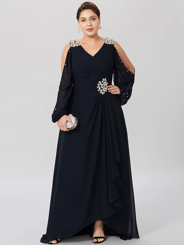 Luolandi Sheath / Column Mother of the Bride Dress Plus Size Elegant High Low V Neck Asymmetrical Chiffon Satin Long Sleeve with Criss Cross