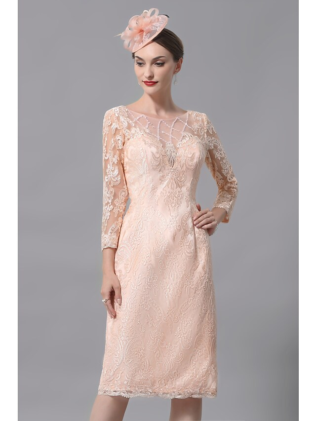 Luolandi Mother of the Bride Dress Plus Size Sexy See Through Bateau Neck Knee Length Lace 3/4 Length Sleeve with Appliques Peach