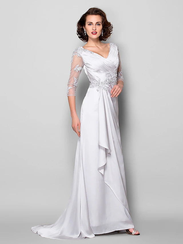 Luolandi A-Line Mother of the Bride Dress V Neck Sweep / Brush Train Satin Chiffon 3/4 Length Sleeve with Criss Cross Beading