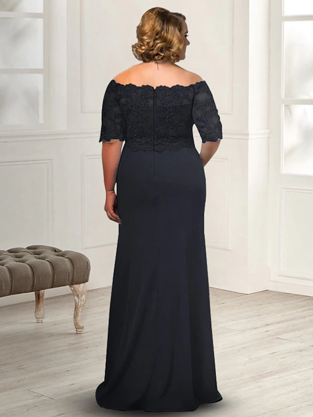 Luolandi Sheath / Column Mother of the Bride Dress Plus Size Elegant Off Shoulder Floor Length Chiffon Lace Half Sleeve