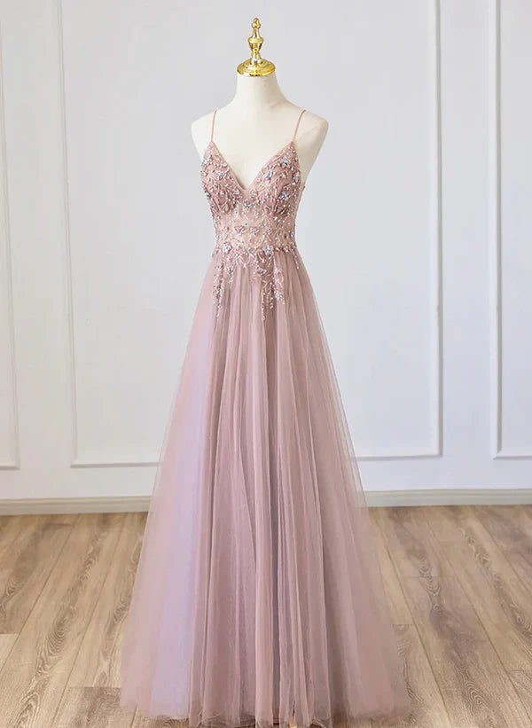 Luolandi Pink V-neckline Beaded Spaghetti Strap Floor Length Party Dress Long Formal Dress Prom Dress