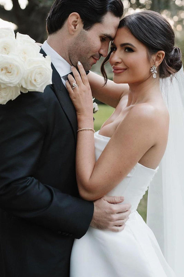 Luolandi A-Line Strapless Satin Wedding Dresses with Slit Off Shoulder Sexy