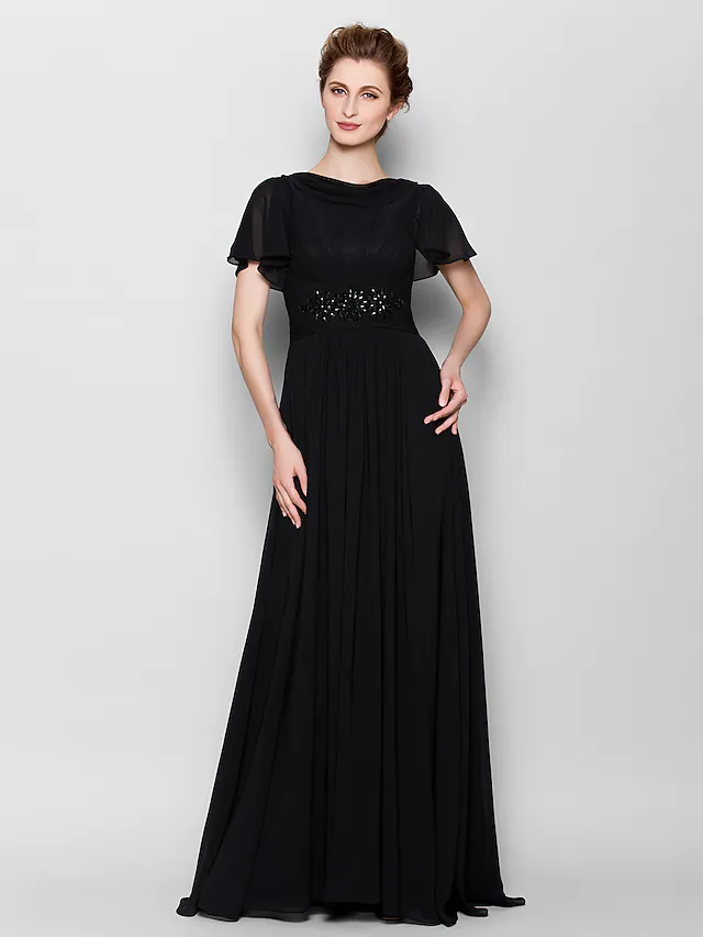 Luolandi A-Line Mother of the Bride Dress See Through Bateau Neck Floor Length Chiffon Short Sleeve with Beading Black