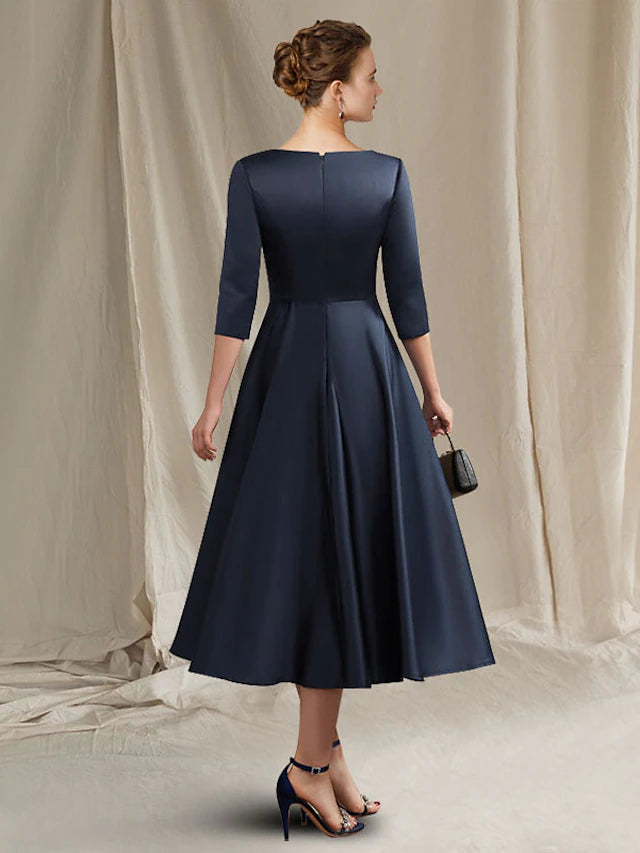 Luolandi A-Line Mother of the Bride Dress Elegant Bateau Neck V Neck Tea Length Satin Half Sleeve with Pleats