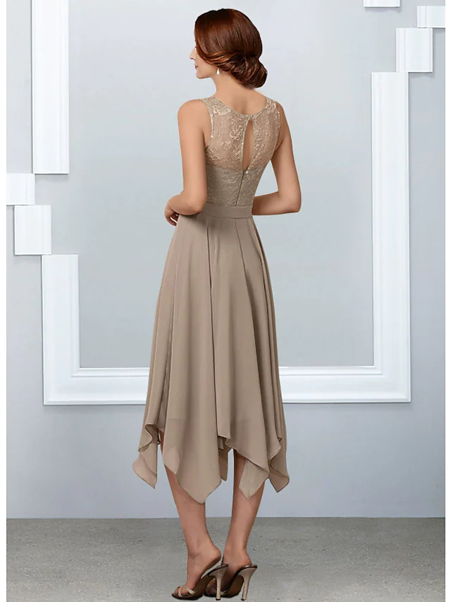 Luolandi A-Line Mother of the Bride Dress Elegant Jewel Neck Tea Length Chiffon Lace Half Sleeve with Pleats Khaki
