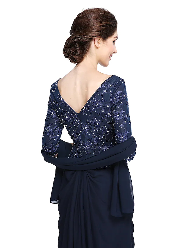 Luolandi Mother of the Bride Dress Elegant V Neck Ankle Length Chiffon Lace Half Sleeve with Lace Dark Navy