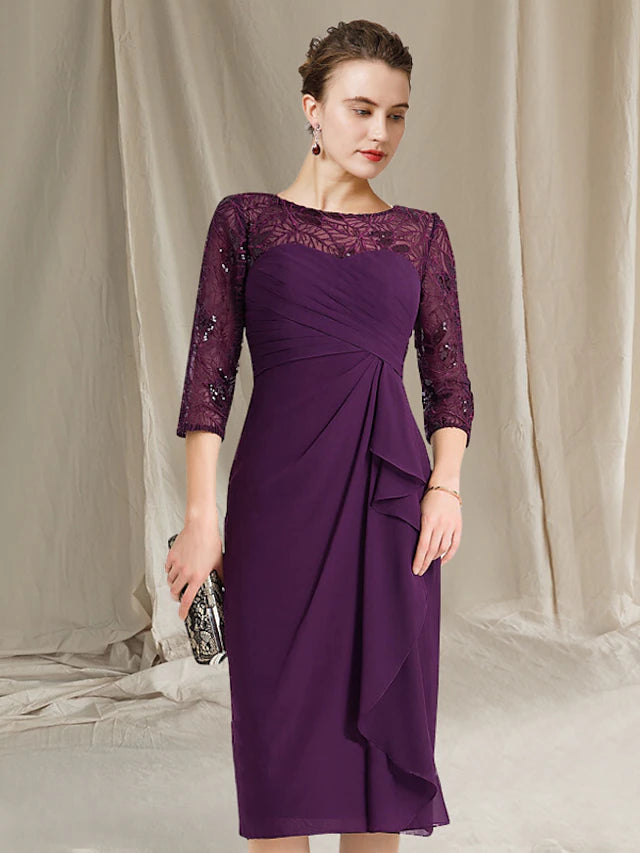 Luolandi Sheath / Column Mother of the Bride Dress Plus Size Elegant Jewel Neck Knee Length Chiffon Short Sleeve with Sequin