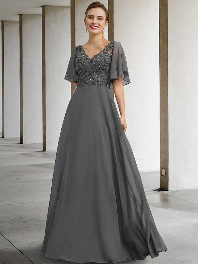 Luolandi A-Line Mother of the Bride Dress Luxurious Elegant V Neck Floor Length Chiffon Lace Short Sleeve with Beading
