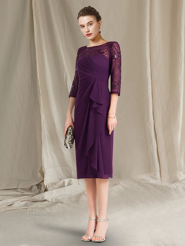 Luolandi Sheath / Column Mother of the Bride Dress Plus Size Elegant Jewel Neck Knee Length Chiffon Short Sleeve with Sequin