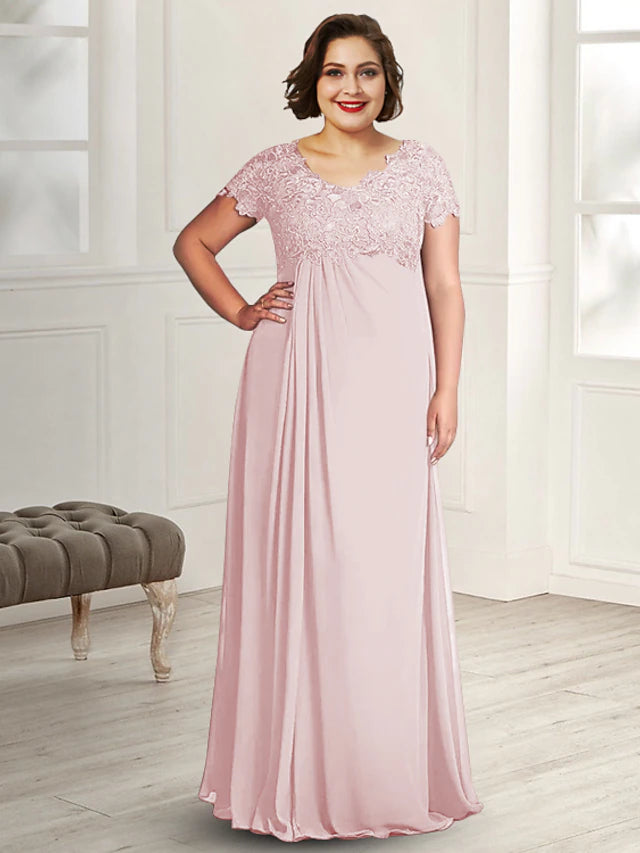 Luolandi A-Line Mother of the Bride Dress Plus Size Elegant Jewel Neck Floor Length Chiffon Lace Short Sleeve with Pleats