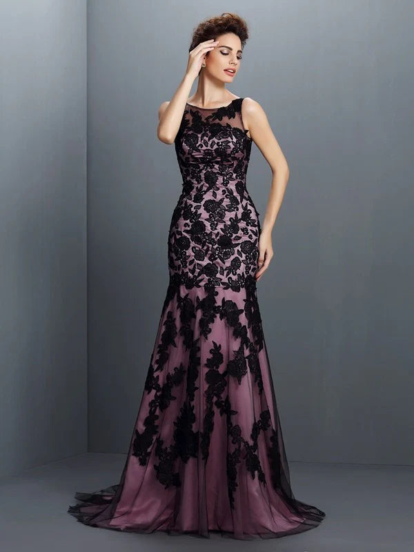 Luolandi Trumpet/Mermaid Bateau Applique Sleeveless Long Woven Satin Dresses Evening Dresses