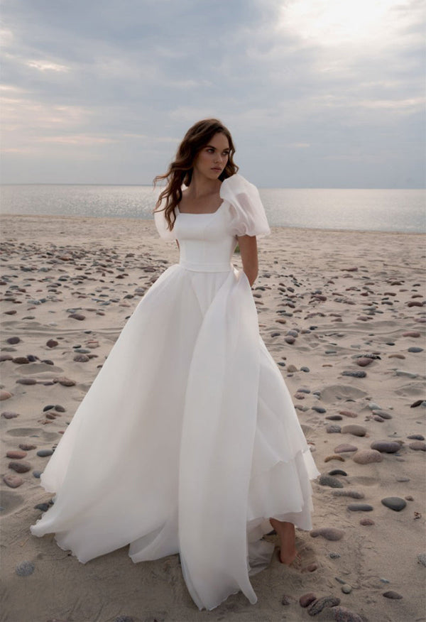 Luolandi Charming A-Line Square Neck Short Sleeves Wedding Dresses with Train