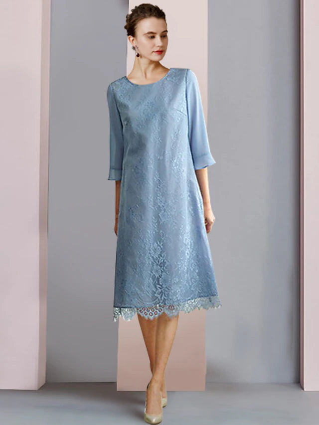 Luolandi Two Piece Sheath / Column Mother of the Bride Dress Formal Wedding Guest Party Elegant Scoop Neck Tea Length Chiffon Lace 3/4 Length Sleeve