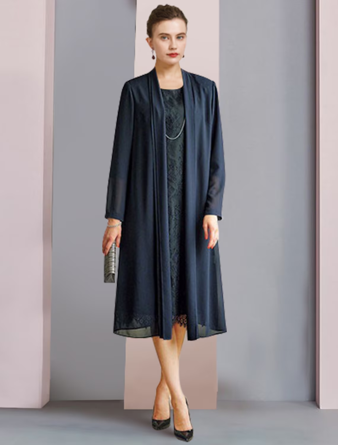 Luolandi Two Piece Sheath / Column Mother of the Bride Dress Formal Wedding Guest Party Elegant Scoop Neck Tea Length Chiffon Lace 3/4 Length Sleeve