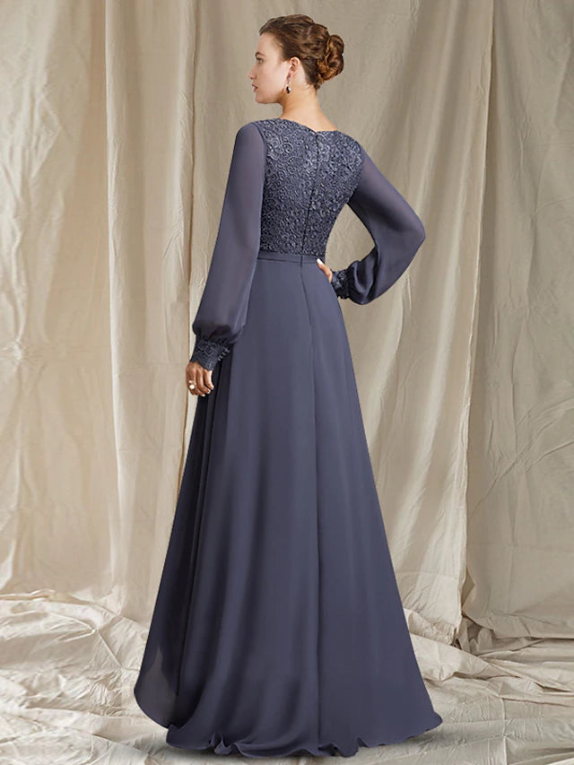 Luolandi A-Line Mother of the Bride Dress Elegant High Low V Neck Sweep / Brush Train Asymmetrical Tea Length Chiffon Lace Long Sleeve with Pleats