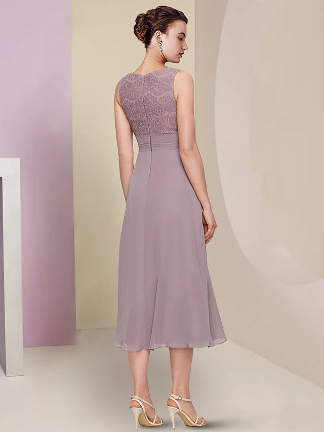 Luolandi Two Piece Mother of the Bride Dress Wedding Guest Church Elegant Jewel Neck Tea Length Chiffon Lace Half Sleeve