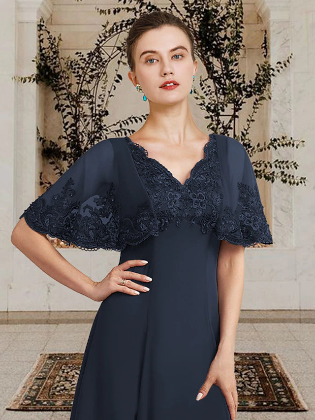 Luolandi A-Line Mother of the Bride Dress Plus Size Elegant High Low V Neck Asymmetrical Tea Length Chiffon Lace Sleeveless