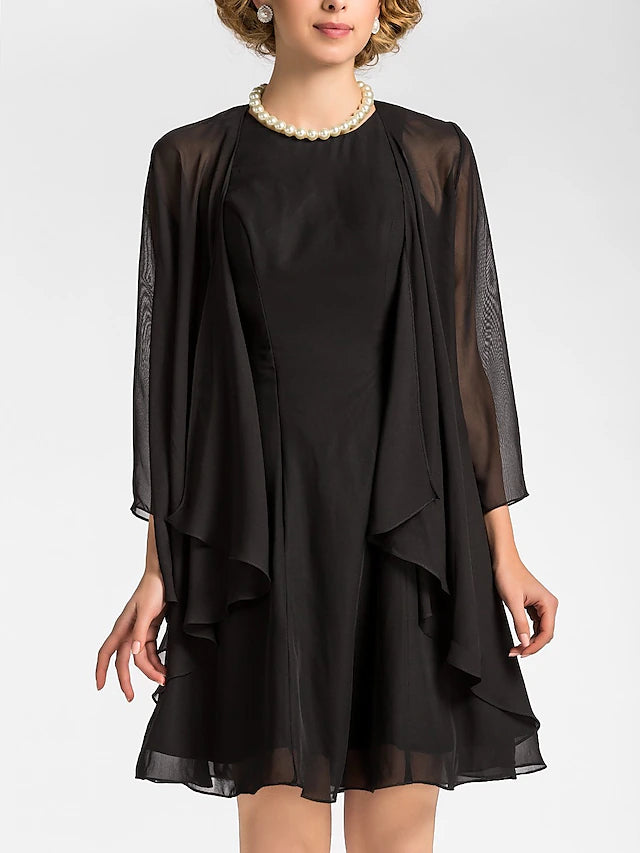 Luolandi A-Line Mother of the Bride Dress Wrap Included Jewel Neck Knee Length Chiffon 3/4 Length Sleeve