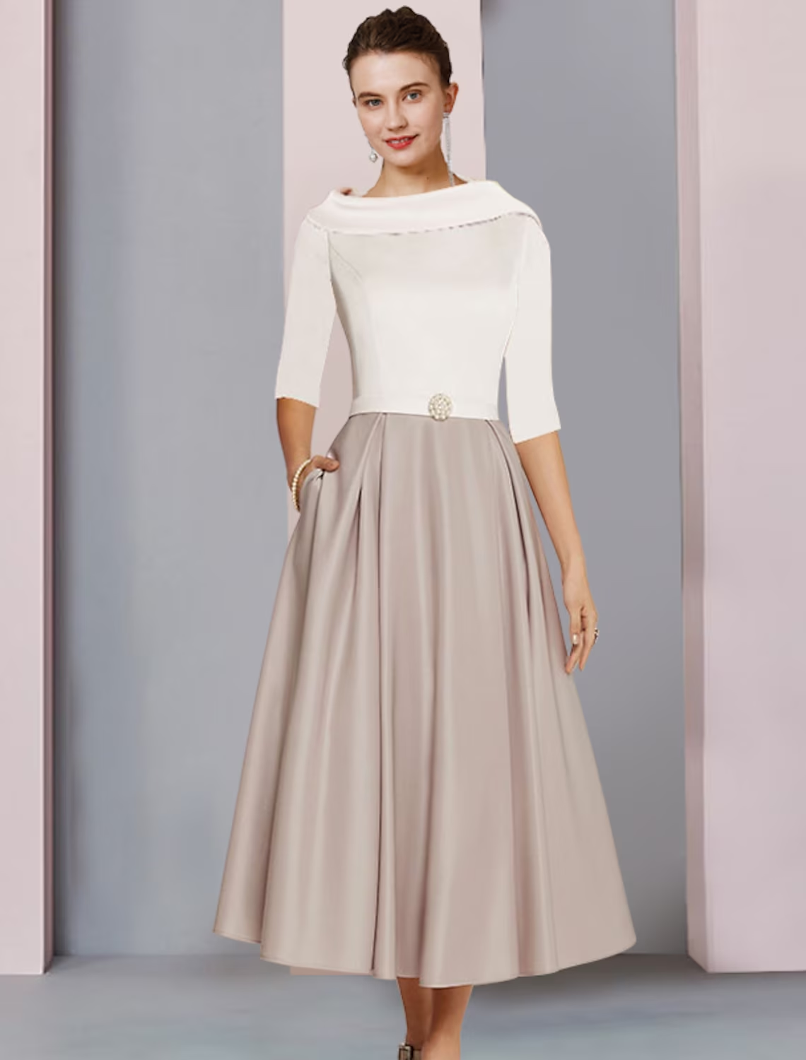 Luolandi A-Line Mother of the Bride Dress Wedding Guest Elegant Scoop Neck Tea Length Satin Half Sleeve with Pleats Crystal Brooch
