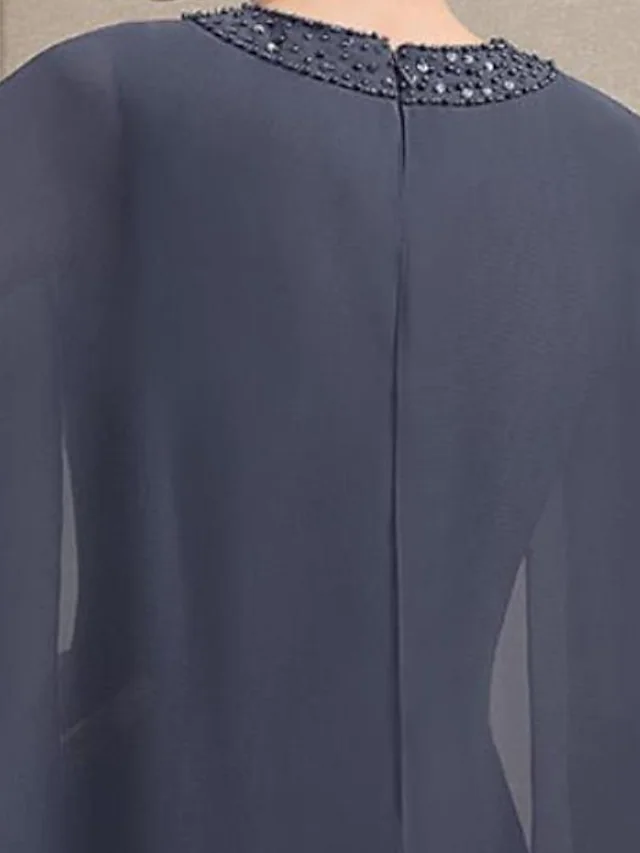 Luolandi Mother of the Bride Dress Elegant Jewel Neck Knee Length Chiffon Sleeveless with Beading Pure Color