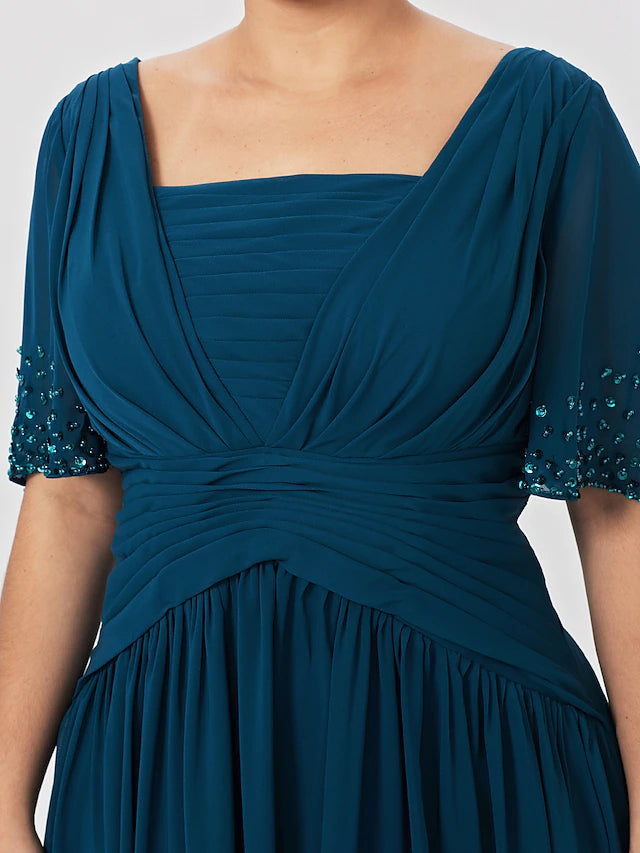 Luolandi Ball Gown A-Line Mother of the Bride Dress Formal Classic & Timeless Elegant & Luxurious Plus Size Square Neck Floor Length Chiffon Short Sleeve No with Pleats