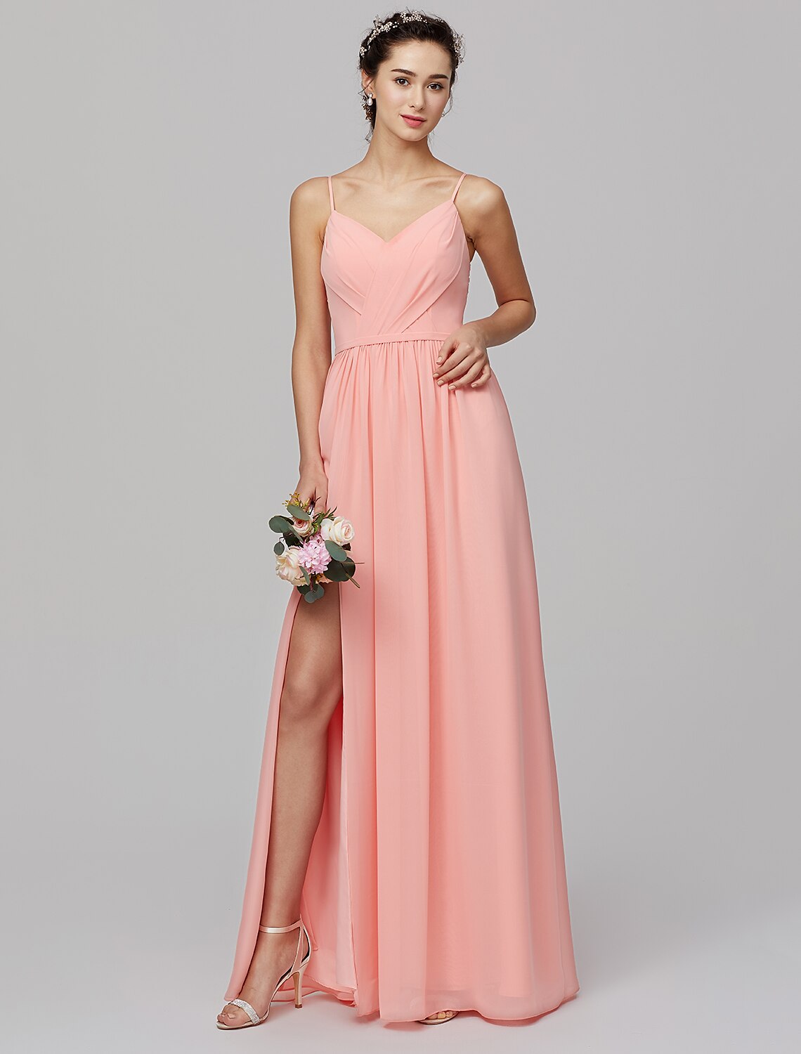 Luolandi A-Line Spaghetti Strap Floor Length Chiffon Bridesmaid Dress with Criss Cross / Split