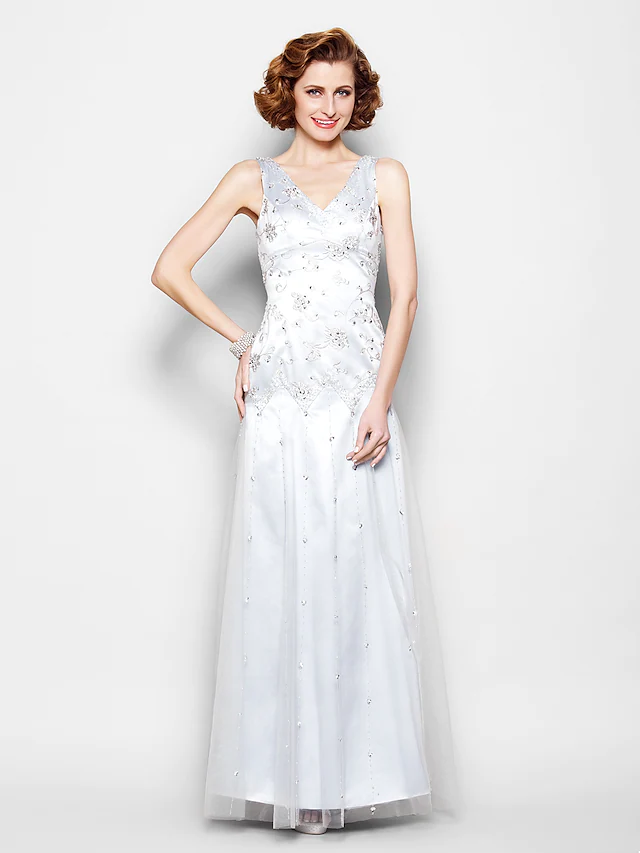 Luolandi Mother of the Bride Dress Sparkle & Shine V Neck Floor Length Lace Tulle Sleeveless with Lace Beading Beautiful