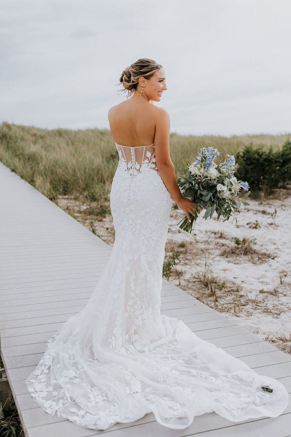 Luolandi Mermaid Sweetheart Tulle Appliques Wedding Dresses with Sleeves Beautiful Bridal Gown