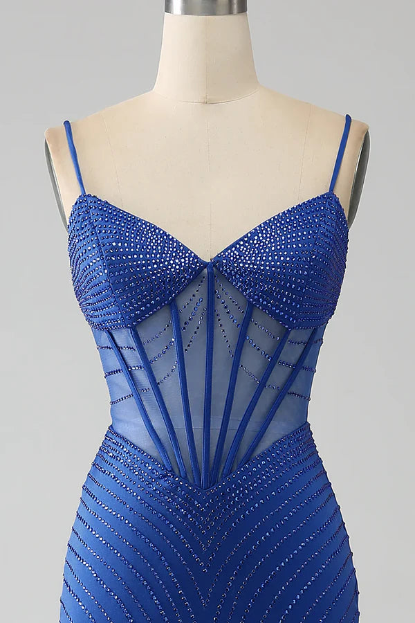 Luolandi Royal Blue Mermaid Corset Prom Dress with Beading And Slit Sparkly Evening Dress